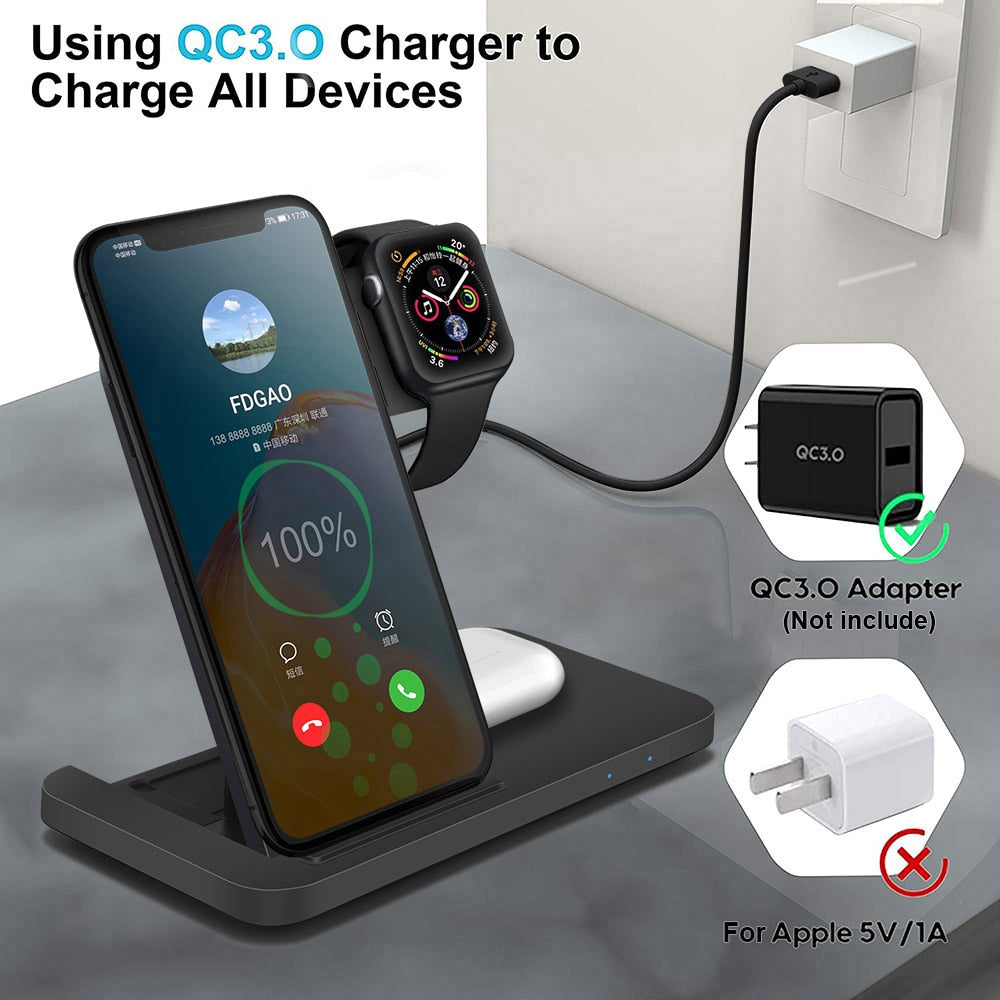 15W Qi Wireless Charger for iPhone Dock Station For Apple Watch AirPods