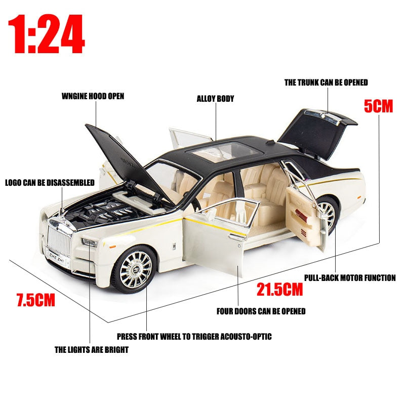 Car Model Rolls-Royce Phantom Toy Metal Alloy DieCast Sound Light Pull Back Toys Vehicle Children 1/24