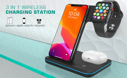 3 in 1 Qi Wireless Charger Stand 15W Fast Charging Apple Watch Air Pods Charge Station