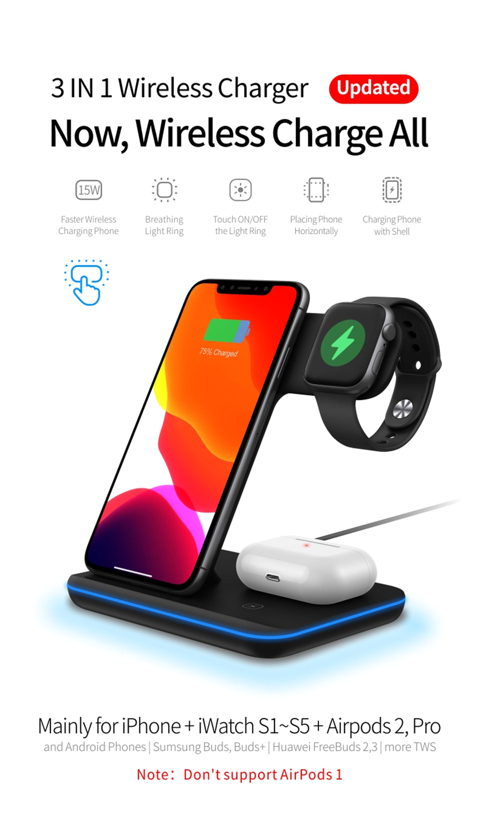 3 in 1 Qi Wireless Charger Stand 15W Fast Charging Apple Watch Air Pods Charge Station