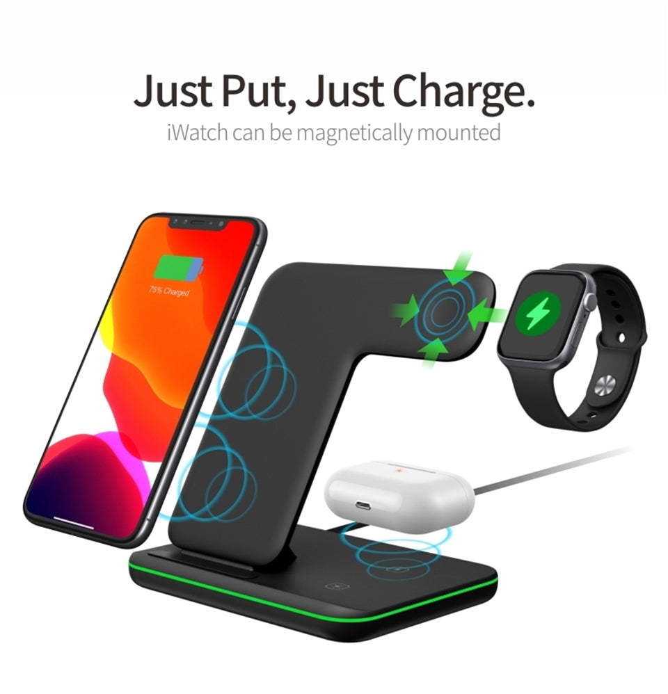 3 in 1 Qi Wireless Charger Stand 15W Fast Charging Apple Watch Air Pods Charge Station