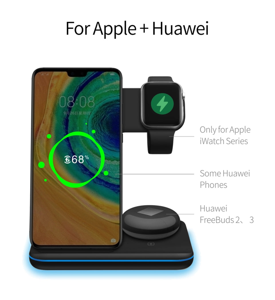 3 in 1 Qi Wireless Charger Stand 15W Fast Charging Apple Watch Air Pods Charge Station