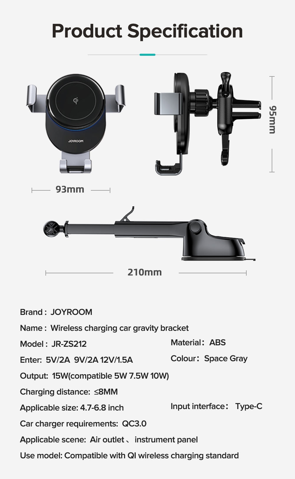 15W Qi Car Phone Holder Wireless Charger Air Vent Mount