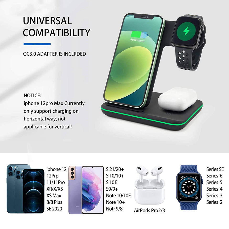 3 in 1 Qi Wireless Charger Stand 15W Fast Charging Apple Watch Air Pods Charge Station