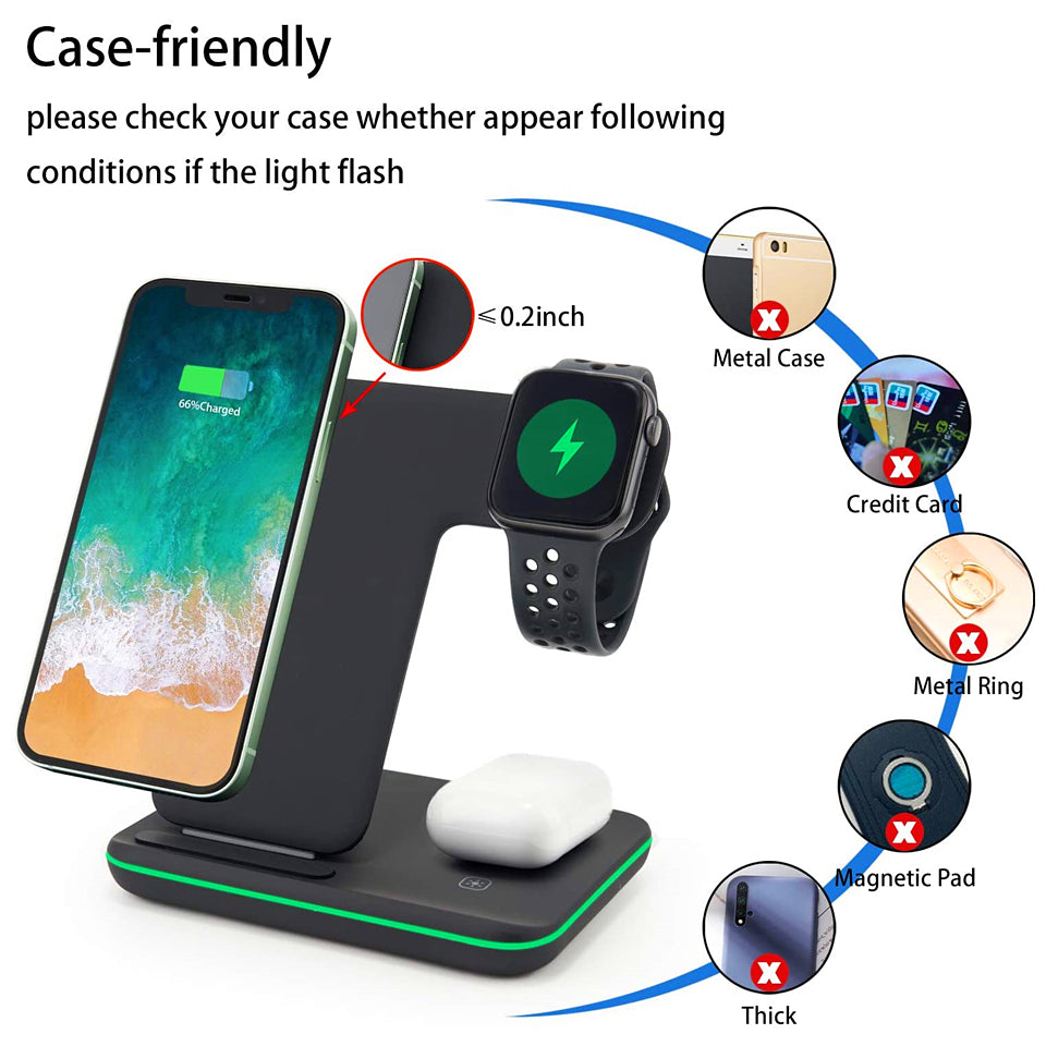 3 in 1 Qi Wireless Charger Stand 15W Fast Charging Apple Watch Air Pods Charge Station