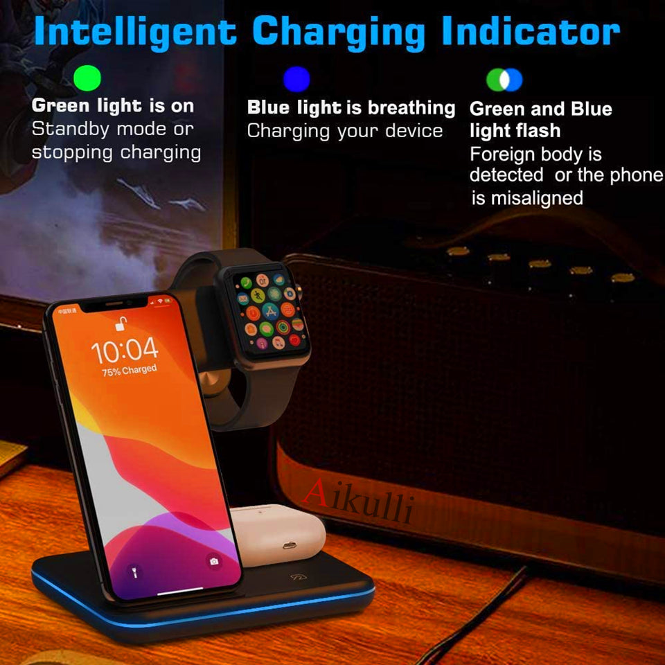 3 in 1 Qi Wireless Charger Stand 15W Fast Charging Apple Watch Air Pods Charge Station