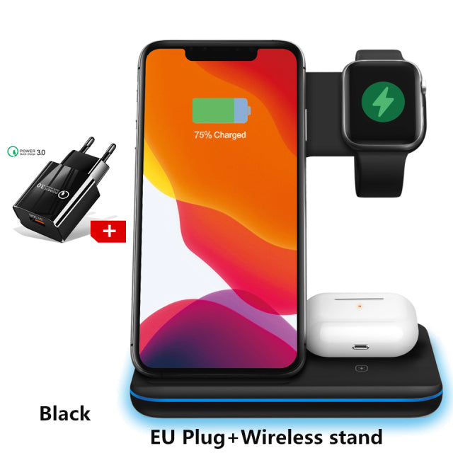 3 in 1 Qi Wireless Charger Stand 15W Fast Charging Apple Watch Air Pods Charge Station