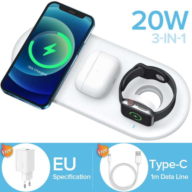 3 in 1 20W Fast Wireless Charger Phone Samsung Apple Watch