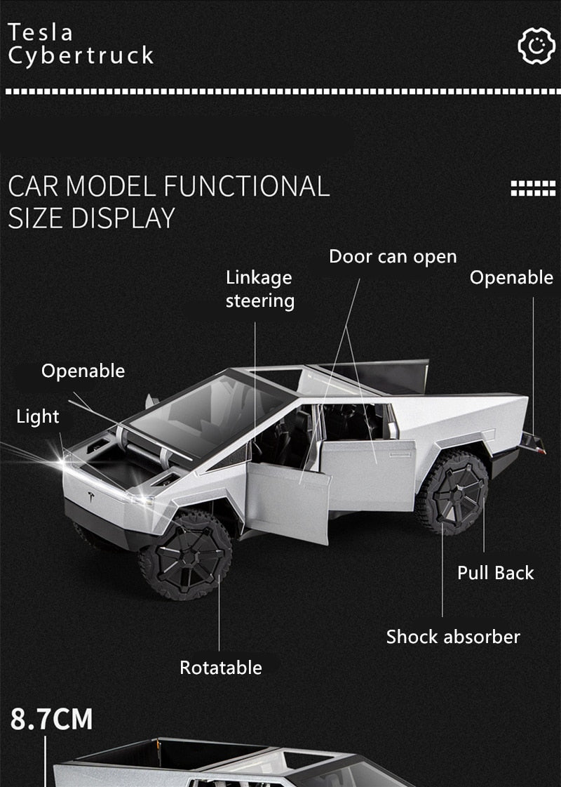 Car Model Tesla Cybertruck Pickup Alloy Diecasts Metal Off-road Vehicles Kids 1/24