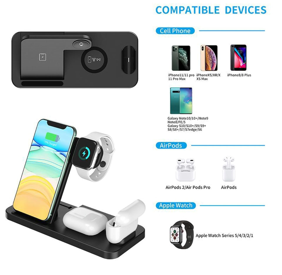 Qi Fast Wireless Charger Stand For iPhone Apple 4 in 1 Foldable Dock for Air pods Pro I Watch