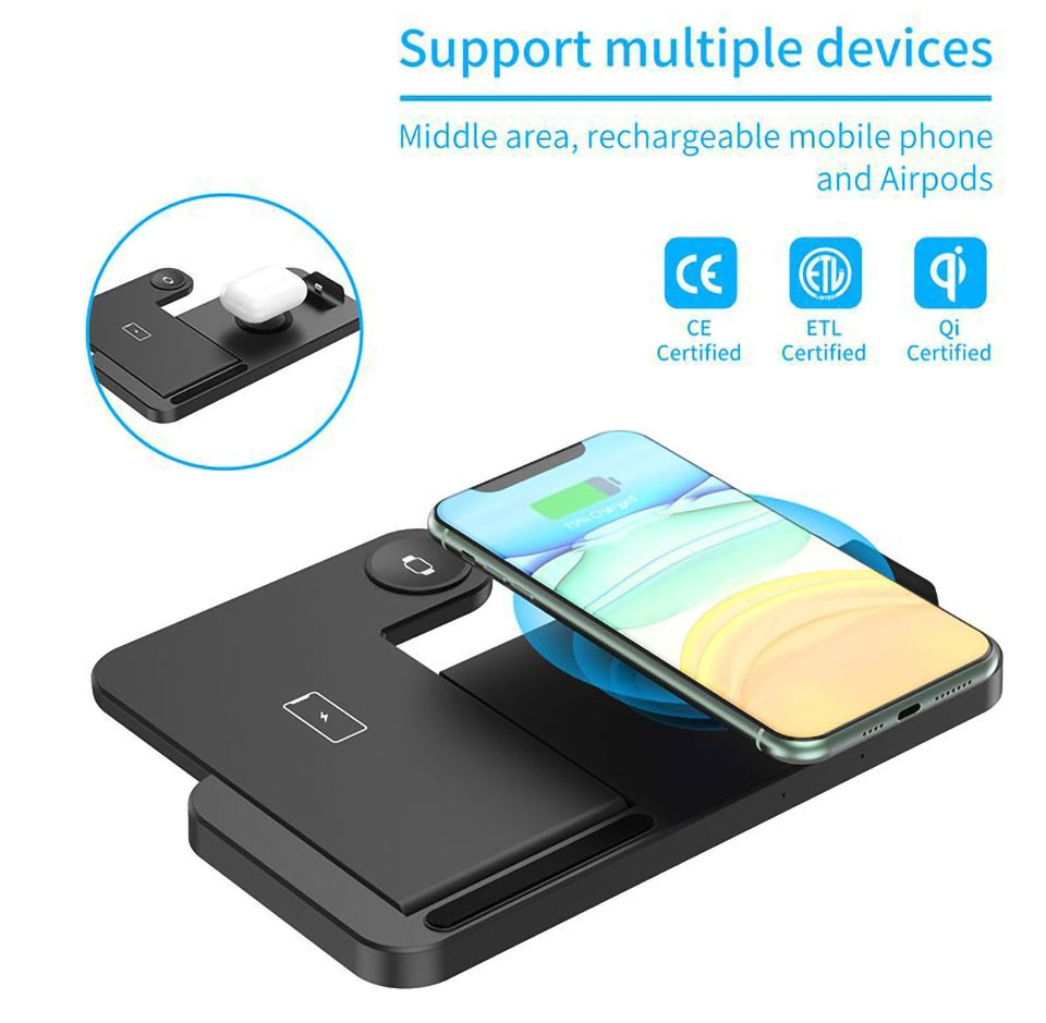 Qi Fast Wireless Charger Stand For iPhone Apple 4 in 1 Foldable Dock for Air pods Pro I Watch