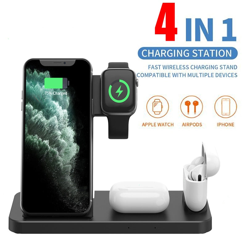 Qi Fast Wireless Charger Stand For iPhone Apple 4 in 1 Foldable Dock for Air pods Pro I Watch